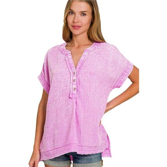 Zenana Washed Double Gauze 3/4 Button Henley Neck Shirt - Picture 1 of 3